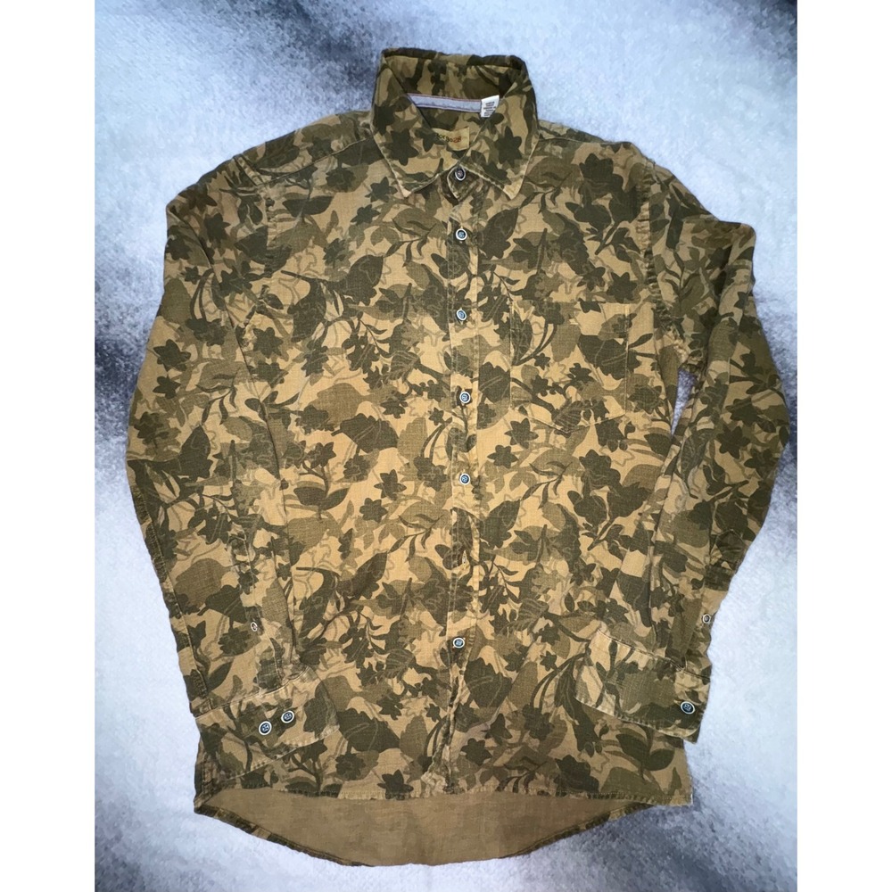 (B6) Borgo28 Mens S Floral Camo Button Down Shirt Olive Tan Cotton‎ Long Sleeve